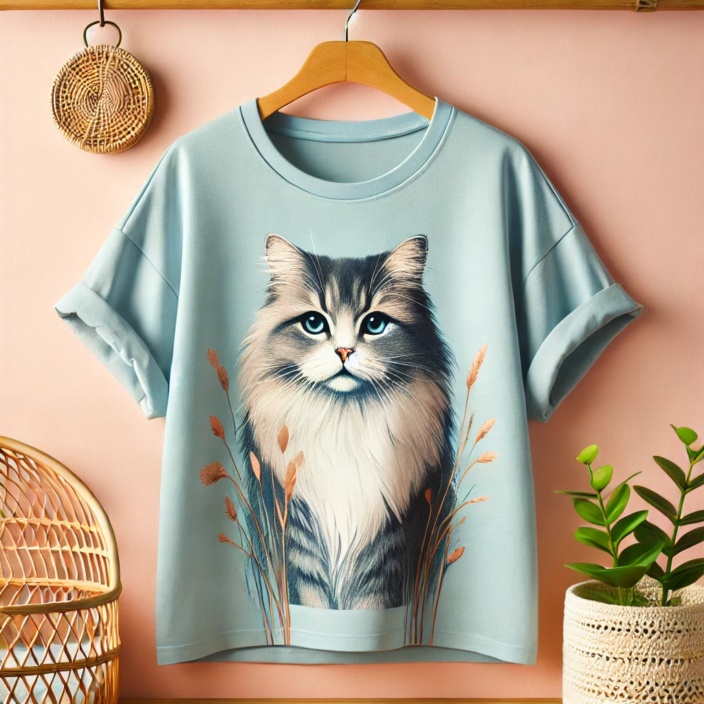 Un T-shirt féminin grande taille de couleur bleu clair, orné d’une illustration artistique de chat, suspendu sur un cintre en bois avec un décor pastel comprenant un panier tissé et une petite plante.