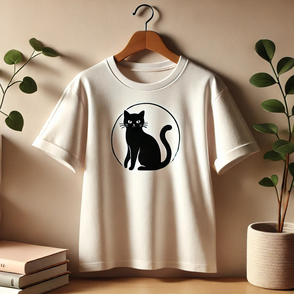 Un T-shirt blanc pour femme orné d’une illustration de chat noir minimaliste, suspendu sur un cintre en bois