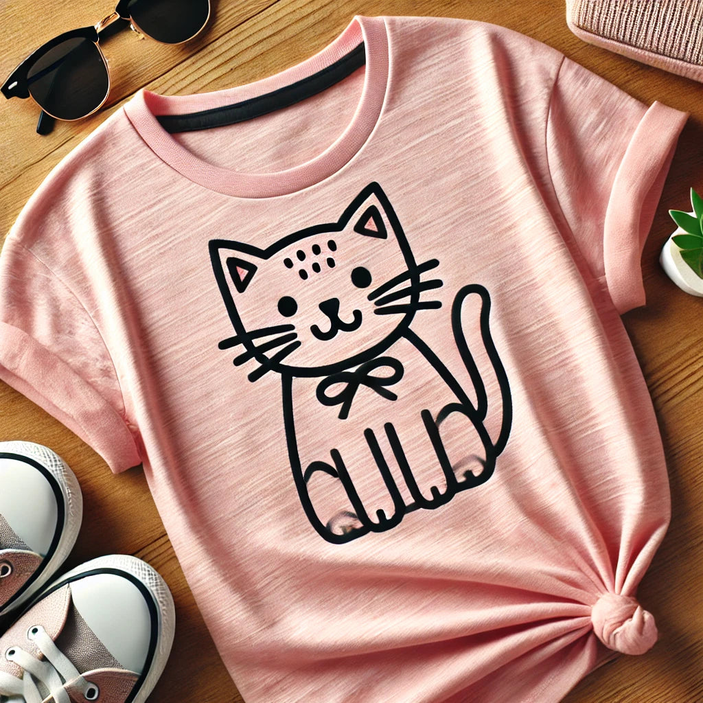 Un T-shirt féminin rose avec un design ludique de chat, posé à plat sur une table en bois, entouré d’accessoires modernes comme des lunettes de soleil et une plante.