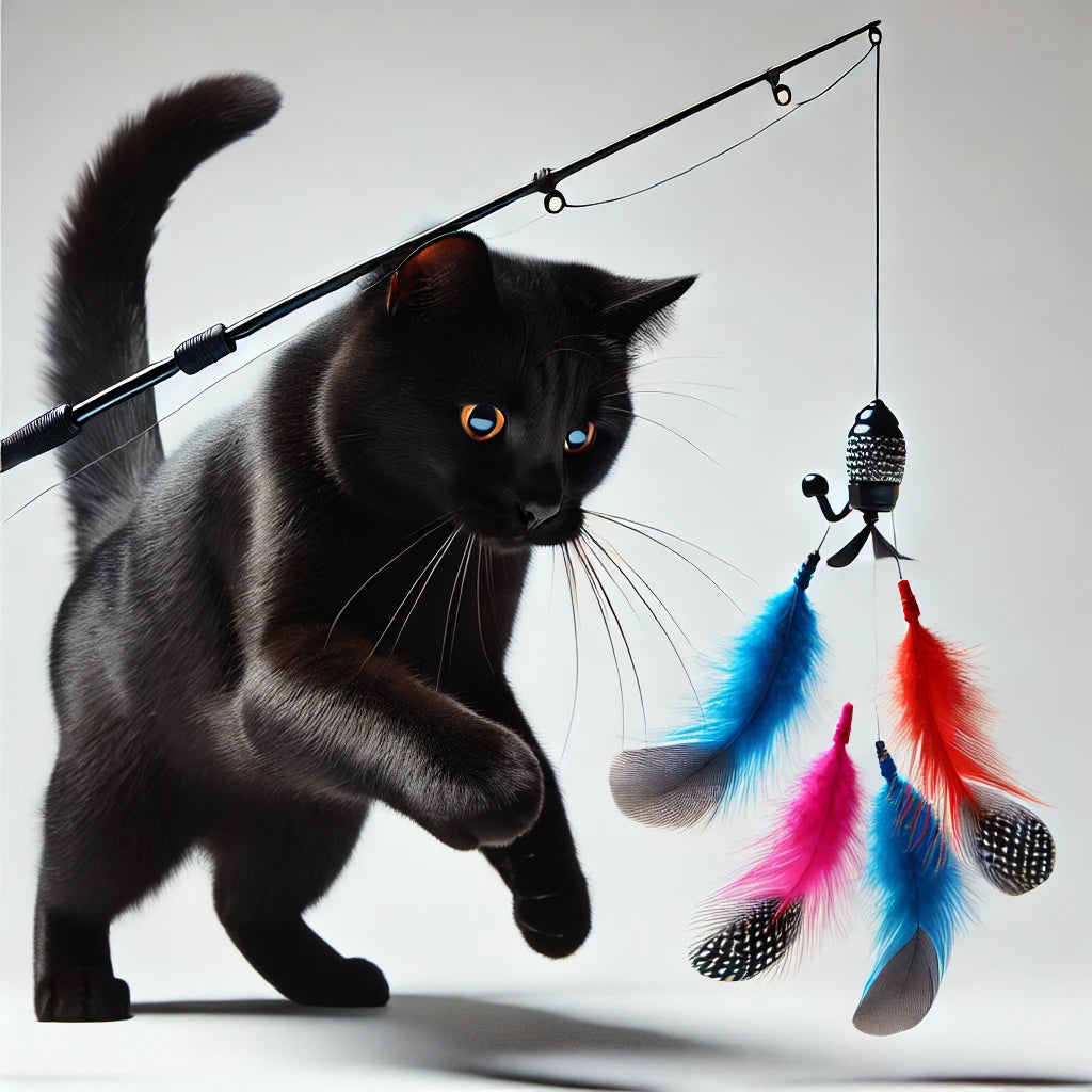 Chat noir réaliste jouant avec des plumes colorées attachées à une canne à pêche jouet, sur un fond blanc minimaliste