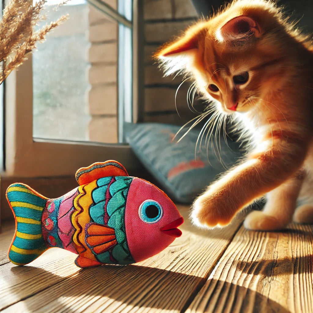 Un jouet en peluche coloré en forme de poisson, de taille adaptée, posé sur une table en bois près d’une fenêtre ensoleillée. Un chaton orange tend sa patte pour jouer avec