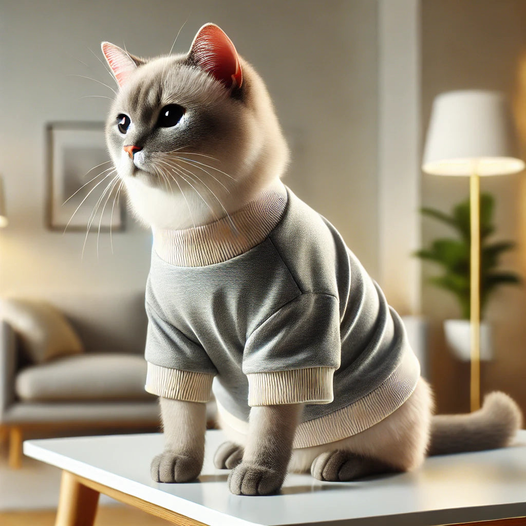 Chat avec un t-shirt gris clair, assis sur une table dans un salon moderne et lumineux.
