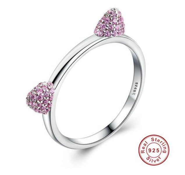 Bague Chat en Argent avec Oreilles Roses - Vraiment-chat