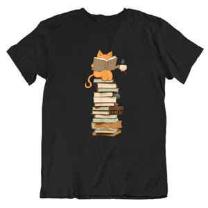 T-shirt Chat sur Pile de livres - Vraiment-chat