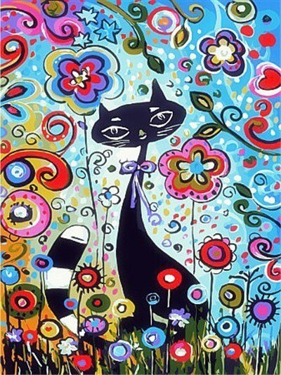 Peinture par Numéro de Chat Noir avec des Fleurs - Vraiment-chat