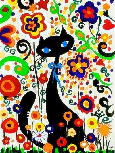 Peinture aux numéros Chat Noir et Fleurs - Vraiment-chat