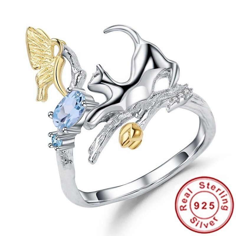 Bague Chat qui chasse le papillon (Argent) Ajustable