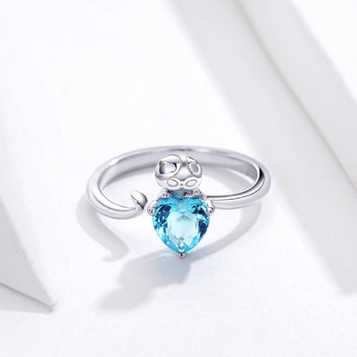 Bague Chat sur le Coeur Brillant (Argent) - Vraiment-chat