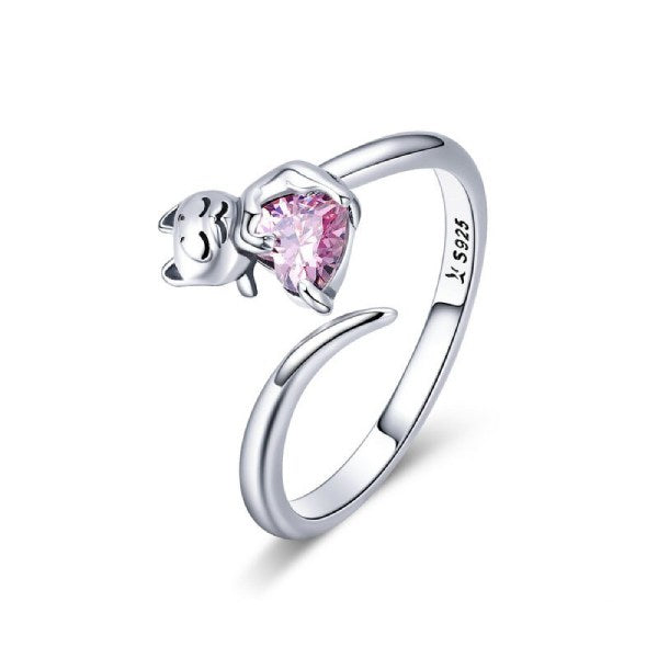 Bague Chat sur le Coeur Brillant (Argent) - Vraiment-chat