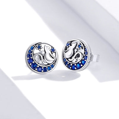 Boucles d'Oreilles Chat Sur la Lune Bleue