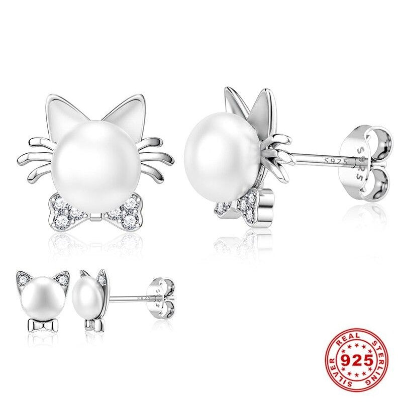 Boucles d'oreilles Chat avec Perle blanche - Vraiment-chat