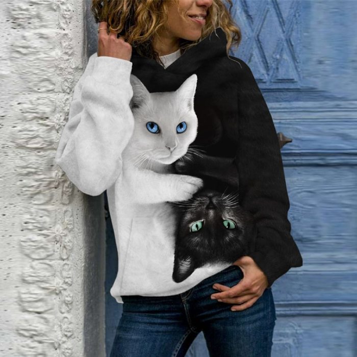 Sweat à Capuche Chat Noir et Blanc