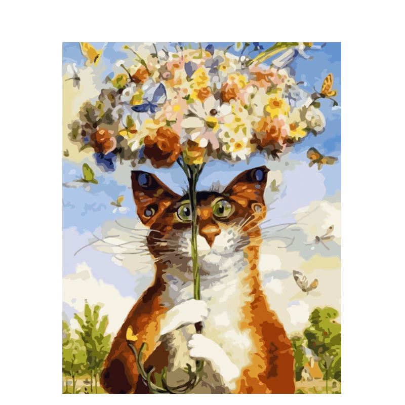 Peinture par numéro Chat et son Bouquet de Fleurs - Vraiment-chat