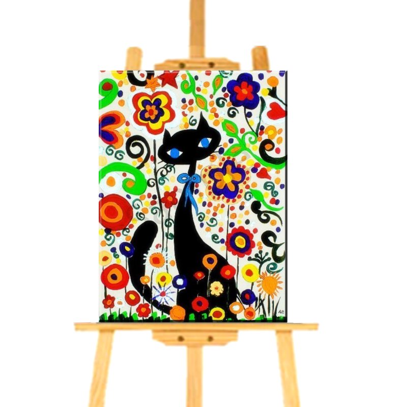 Peinture aux numéros Chat Noir et Fleurs - Vraiment-chat