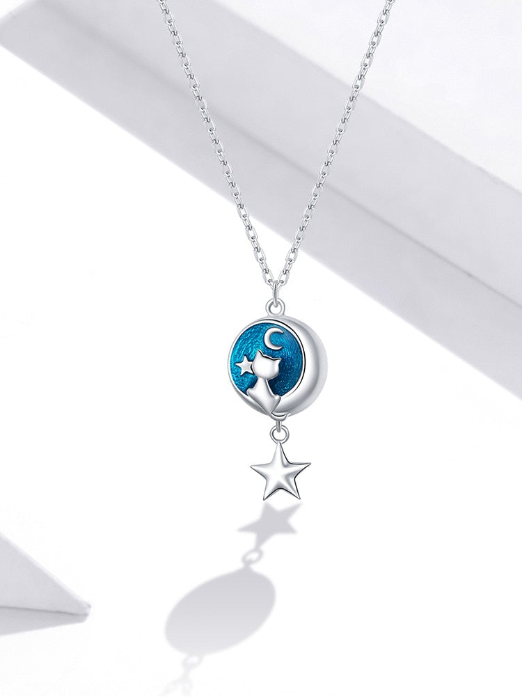 Pendentif avec Chat sur lune Bleue