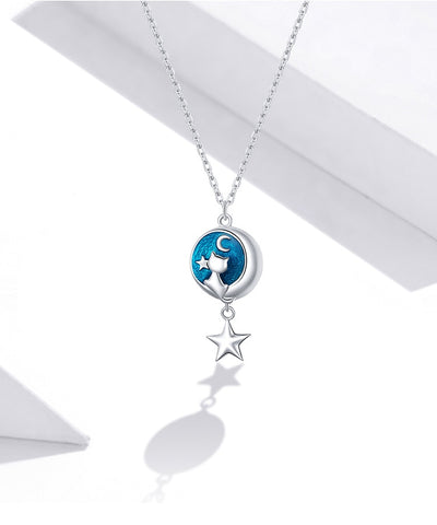 Pendentif avec Chat sur lune Bleue