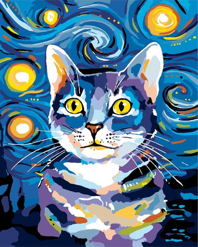 Peinture par numéro Chat dans la nuit étoilée