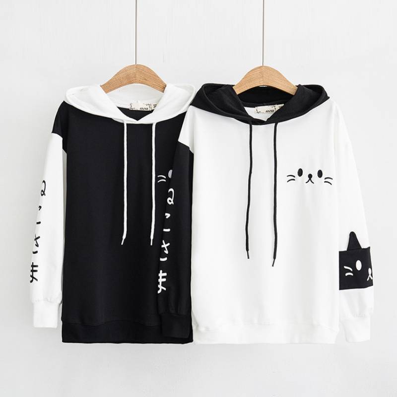 Sweat capuche oreille chat Noir & Blanc - EPAIS - Vraiment-chat